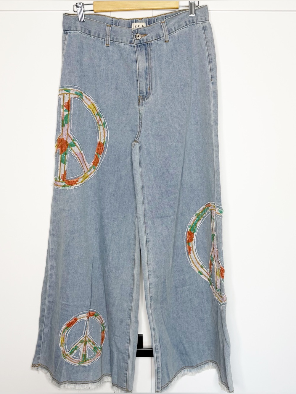 POL Peace Patchwork Light Wash Wide leg Denim Jean pants Medium 70’s hippie boho - Picture 4 of 15
